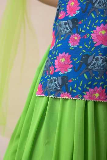 Buy_Thetaa_Blue Cotton, Silk, Polyester, Net, Strappy Lotus Print Kurta Lehenga Set 