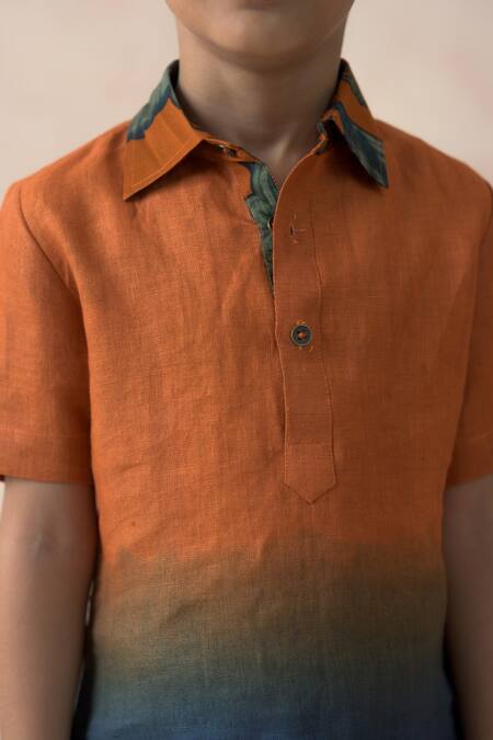 Thetaa Blue Silk, Linen Bright Ombre Shirt at Aza Fashions Thetaa_Blue Silk, Linen Bright Ombre Shirt_at_Aza_Fashions