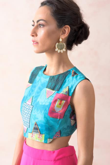 Shop Thetaa Sky Blue Chanderi , Sequins Printed Embroidered Jacket And Lehenga Set Shop_Thetaa_Sky Blue Chanderi , Sequins Printed Embroidered Jacket And Lehenga Set