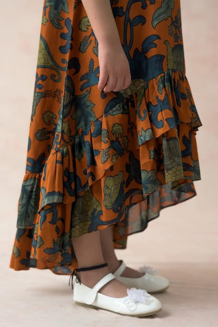 Thetaa_Orange Chanderi Silk, Satin Blooming Floral Print High Low Dress _at_Aza_Fashions