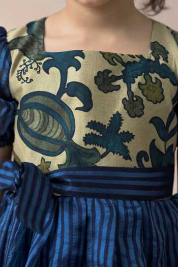 Thetaa_Beige Chanderi Silk, Organza, Cotton Embroidery Stripe Pattern Flared Dress _at_Aza_Fashions