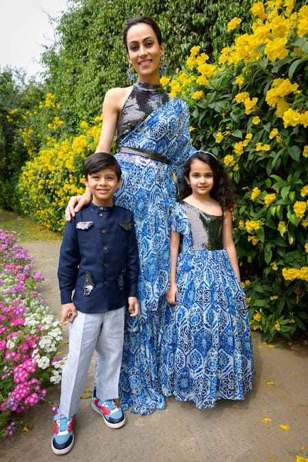 Buy_Thetaa_Blue Polyester, Lycra, Viscose Sequins, Embroidery Embellished Fit And Flare Dress 