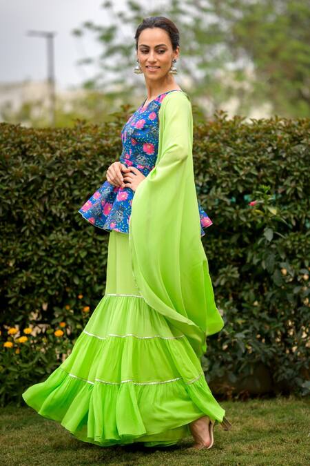 Thetaa Blue Silk, Cotton, Polyester, Georgette Floral Print Peplum Kurta Gharara Set at Aza Fashions Thetaa_Blue Silk, Cotton, Polyester, Georgette Floral Print Peplum Kurta Gharara Set _at_Aza_Fashions