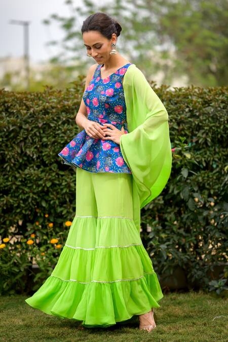 Buy Thetaa Blue Silk, Cotton, Polyester, Georgette Floral Print Peplum Kurta Gharara Set Buy_Thetaa_Blue Silk, Cotton, Polyester, Georgette Floral Print Peplum Kurta Gharara Set