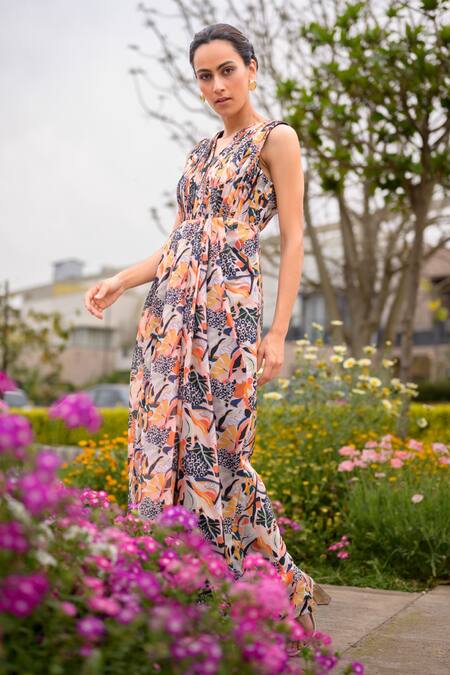 Thetaa_Multi Color Viscose Sequins V-neck Jungle Print Pleated Gown_at_Aza_Fashions