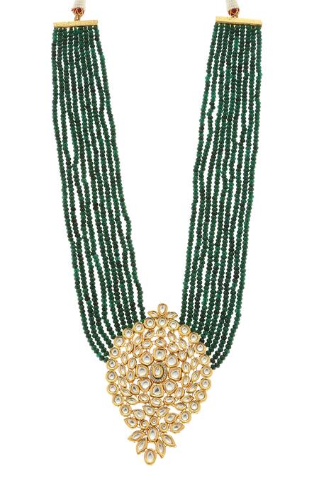 Minaki_Green Pearls Kundan Embellished Long Necklace Set _Online_at_Aza_Fashions