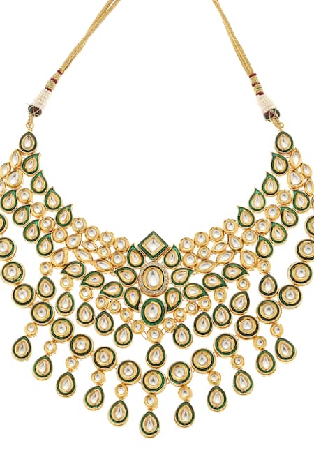 Minaki_Green Metallic Thread, Stones Floral Kundan Layered Necklace Set _Online_at_Aza_Fashions