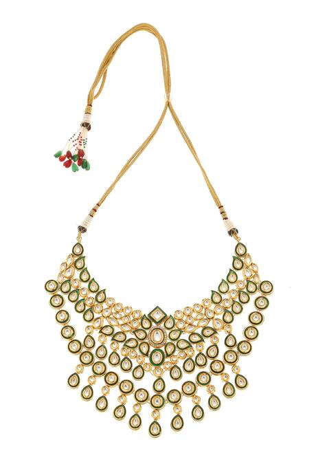 Buy_Minaki_Green Metallic Thread, Stones Floral Kundan Layered Necklace Set _Online_at_Aza_Fashions