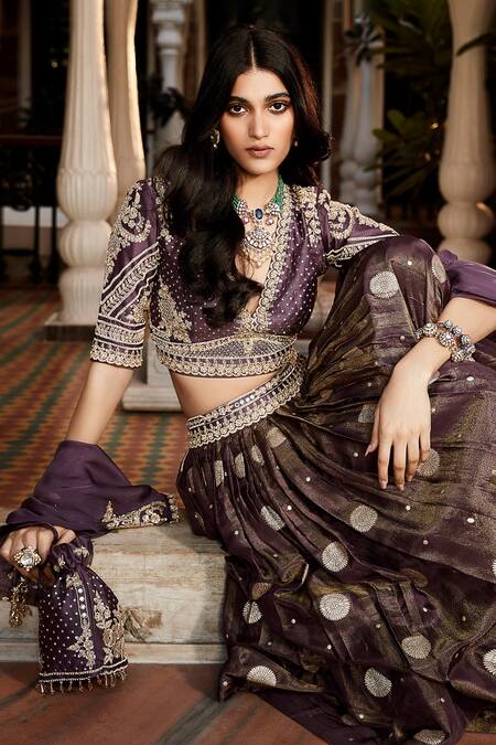 Buy_Matsya_Purple Tissue And Chanderi Embroidery Kashi Floral Motifs Lehenga Set  _Online_at_Aza_Fashions