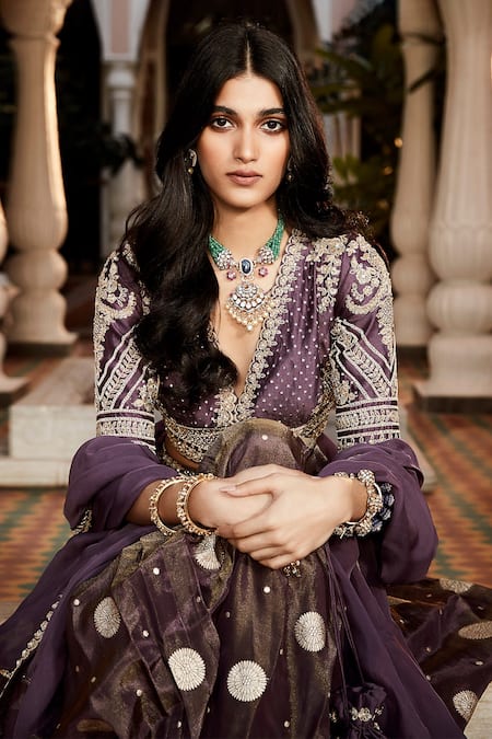 Shop_Matsya_Purple Tissue And Chanderi Embroidery Kashi Floral Motifs Lehenga Set  _Online_at_Aza_Fashions
