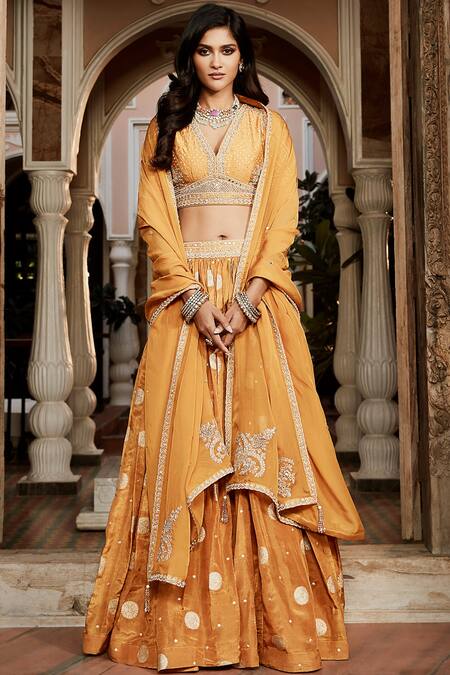 Matsya_Yellow Tissue And Chanderi Embroidery Kachi Kashi Waistband Lehenga Set  _Online_at_Aza_Fashions