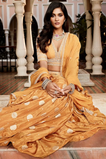 Buy_Matsya_Yellow Tissue And Chanderi Embroidery Kachi Kashi Waistband Lehenga Set  _Online_at_Aza_Fashions