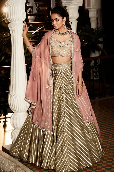 Matsya_Grey Handloom Cotton, Chiffon Embroidery, Zari, Tassels The Rose Lehenga Set_Online_at_Aza_Fashions