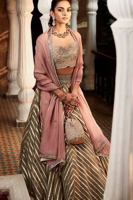 Buy_Matsya_Grey Handloom Cotton, Chiffon Embroidery, Zari, Tassels The Rose Lehenga Set_Online_at_Aza_Fashions