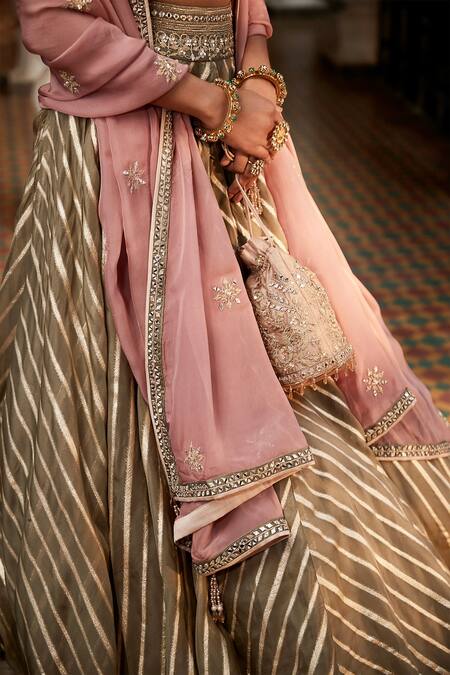 Matsya_Grey Handloom Cotton, Chiffon Embroidery, Zari, Tassels The Rose Lehenga Set_at_Aza_Fashions