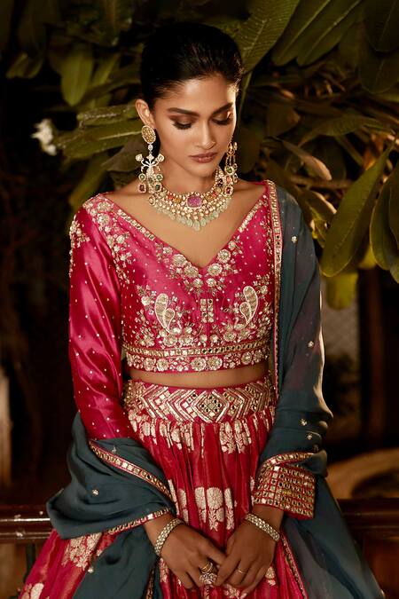 Matsya_Pink Tissue Embroidery Zardozi V Neck Floral Lehenga Set_Online_at_Aza_Fashions