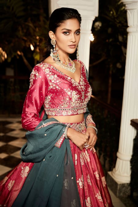 Buy_Matsya_Pink Tissue Embroidery Zardozi V Neck Floral Lehenga Set_Online_at_Aza_Fashions