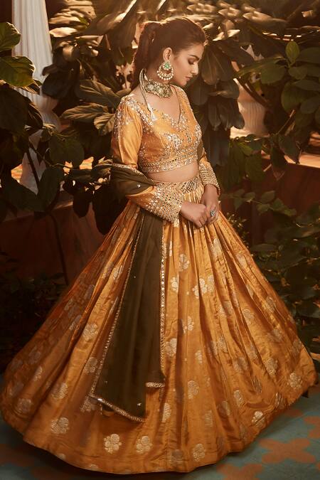 Matsya_Yellow Tissue Embroidery Zardozi V Neck Waistband Lehenga Set _Online_at_Aza_Fashions
