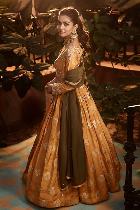 Buy_Matsya_Yellow Tissue Embroidery Zardozi V Neck Waistband Lehenga Set _Online_at_Aza_Fashions