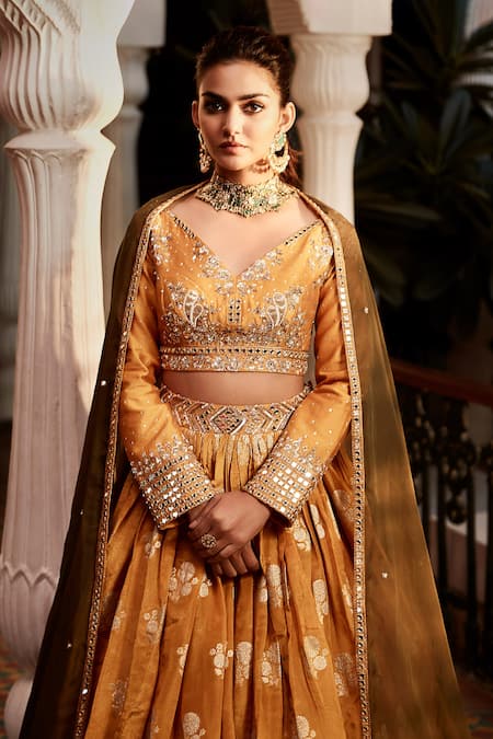 Shop_Matsya_Yellow Tissue Embroidery Zardozi V Neck Waistband Lehenga Set _Online_at_Aza_Fashions