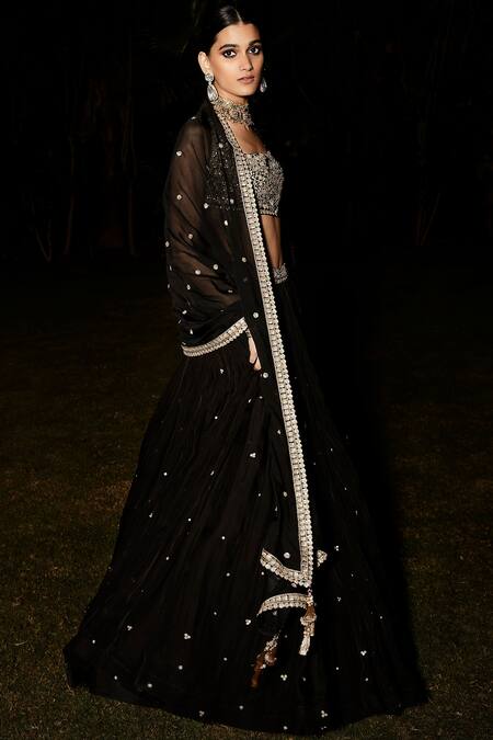 Shop_Matsya_Black Organza, Georgette Zari Asymmetric The Holy Roman Lehenga Set_Online_at_Aza_Fashions