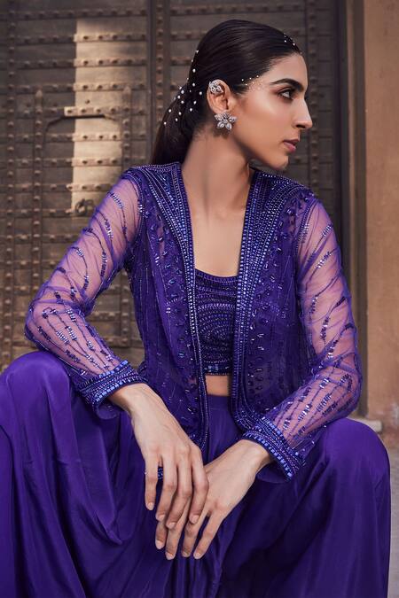 Mehak Murpana_Purple Net, , Lining Butter Cutdana, Embroidered Dhoti Pant Set_Online_at_Aza_Fashions