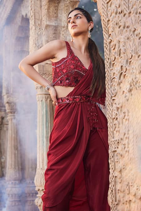 Mehak Murpana Red , Lining Butter Floral, Leaf Pant Saree With Embroidered Blouse Online at Aza Fashions Mehak Murpana_Red , Lining Butter Floral, Leaf Pant Saree With Embroidered Blouse _Online_at_Aza_Fashions