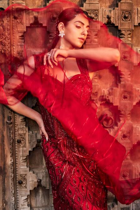 Mehak Murpana Red Net Embroidery Geometric Sweetheart Neck Gown  4