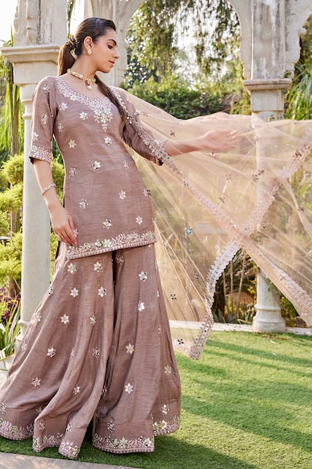 Mehak Murpana_Brown Net, Denim, Crepe Embroidery, Mirrors Collared Kurta Sharara Set _Online_at_Aza_Fashions