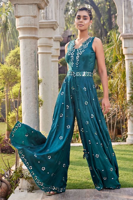 Mehak Murpana_Blue Crepe Mirrors, Embroidery V-neck Jumpsuit With Belt _Online_at_Aza_Fashions