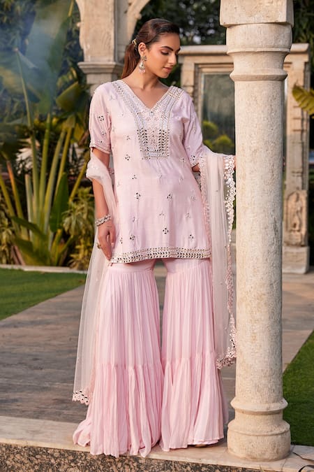 Mehak Murpana Pink Georgette, Net, Denim Embroidery, Mirrors V-neck Tiered Sharara Set Online at Aza Fashions Mehak Murpana_Pink Georgette, Net, Denim Embroidery, Mirrors V-neck Tiered Sharara Set _Online_at_Aza_Fashions