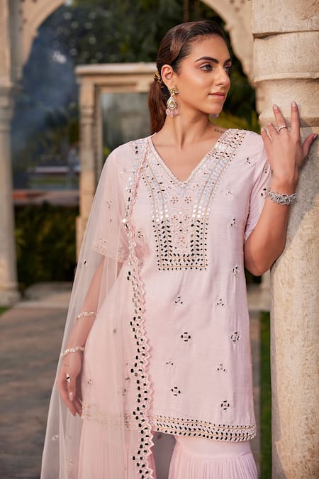Buy Mehak Murpana Pink Georgette, Net, Denim Embroidery, Mirrors V-neck Tiered Sharara Set Online at Aza Fashions Buy_Mehak Murpana_Pink Georgette, Net, Denim Embroidery, Mirrors V-neck Tiered Sharara Set _Online_at_Aza_Fashions