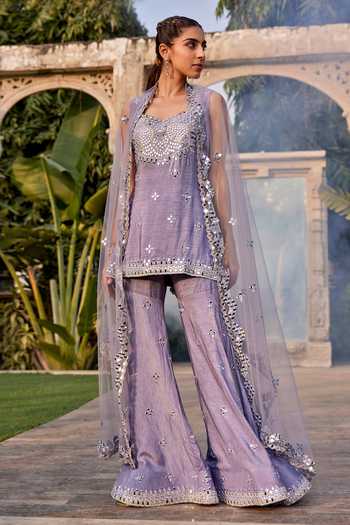 Mehak Murpana_Purple Net, Denim, Crepe Embroidery, Mirrors Sleeveless Kurta Sharara Set _Online_at_Aza_Fashions