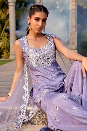 Buy_Mehak Murpana_Purple Net, Denim, Crepe Embroidery, Mirrors Sleeveless Kurta Sharara Set _Online_at_Aza_Fashions