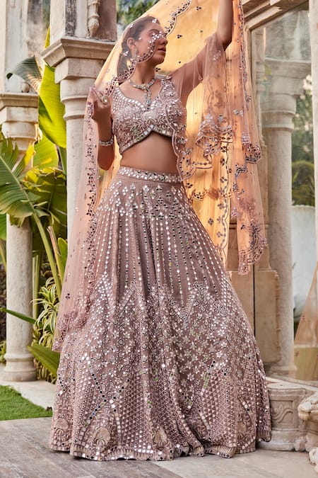 Mehak Murpana_Brown Net, Linen Embroidery, Mirrors Floral And Bridal Lehenga Set _Online_at_Aza_Fashions