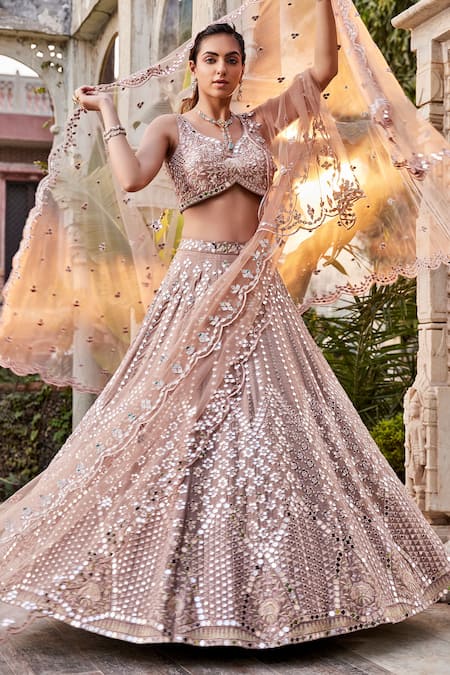 Buy_Mehak Murpana_Brown Net, Linen Embroidery, Mirrors Floral And Bridal Lehenga Set _Online_at_Aza_Fashions