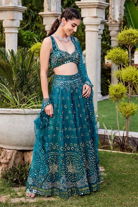 Mehak Murpana_Blue Silk, Net, Denim Embroidery, Mirrors Geometric Bridal Lehenga Set _Online_at_Aza_Fashions