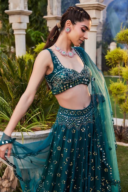Buy_Mehak Murpana_Blue Silk, Net, Denim Embroidery, Mirrors Geometric Bridal Lehenga Set _Online_at_Aza_Fashions