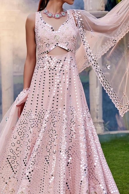 Mehak Murpana Pink Net, Denim Mirrors Round Neck Front Cut Out Embroidered Anarkali Set Online at Aza Fashions Mehak Murpana_Pink Net, Denim Mirrors Round Neck Front Cut Out Embroidered Anarkali Set _Online_at_Aza_Fashions