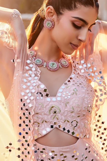 Buy Mehak Murpana Pink Net, Denim Mirrors Round Neck Front Cut Out Embroidered Anarkali Set Online at Aza Fashions Buy_Mehak Murpana_Pink Net, Denim Mirrors Round Neck Front Cut Out Embroidered Anarkali Set _Online_at_Aza_Fashions