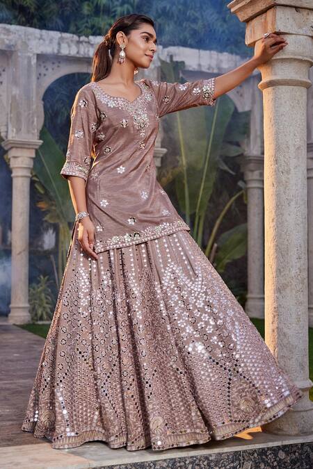 Mehak Murpana_Brown Net, Denim, Crepe Embroidery, Mirrors Collared Kurta Lehenga Set _Online_at_Aza_Fashions