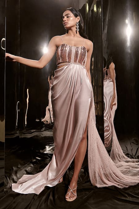 Masumi Mewawalla Pink Net Sequins Sweetheart Neck Embroidered Draped Gown Online at Aza Fashions Masumi Mewawalla_Pink Net Sequins Sweetheart Neck Embroidered Draped Gown _Online_at_Aza_Fashions