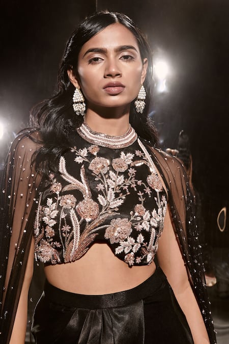 Masumi Mewawalla Black Net, Maheshwari, Cotton Beads, Floral Embroidered Blouse And Dhoti Skirt Set Online at Aza Fashions Masumi Mewawalla_Black Net, Maheshwari, Cotton Beads, Floral Embroidered Blouse And Dhoti Skirt Set _Online_at_Aza_Fashions