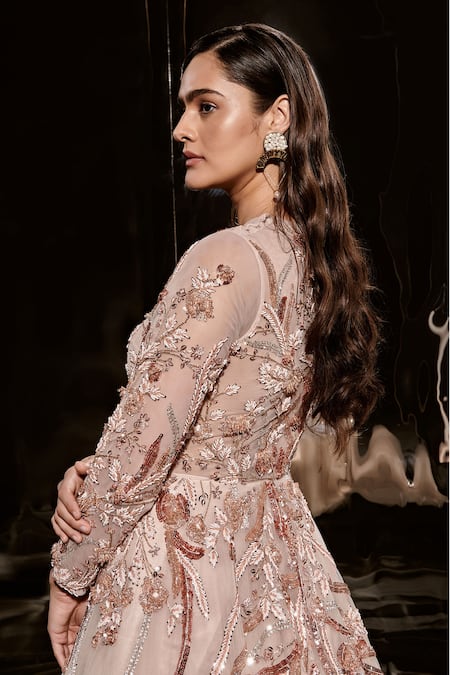Buy Masumi Mewawalla Pink Net Embroidery Round Neck Floral Sequin Gown Online at Aza Fashions Buy_Masumi Mewawalla_Pink Net Embroidery Round Neck Floral Sequin Gown _Online_at_Aza_Fashions