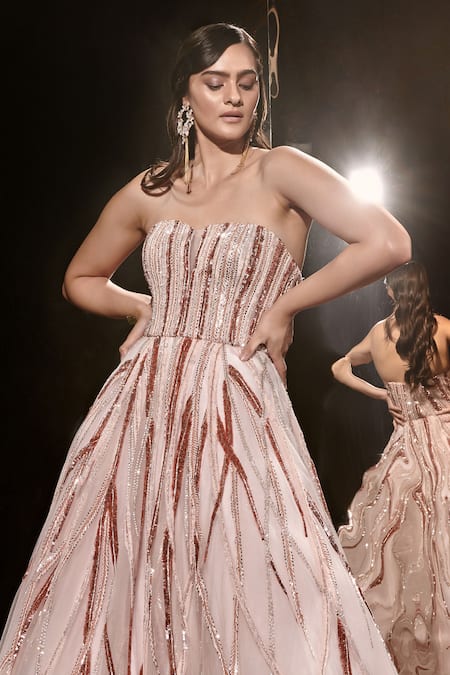 Masumi Mewawalla Pink Net, Linen Sequins, Cut Work Stripe Pattern Embroidered Strapless Gown Online at Aza Fashions Masumi Mewawalla_Pink Net, Linen Sequins, Cut Work Stripe Pattern Embroidered Strapless Gown _Online_at_Aza_Fashions