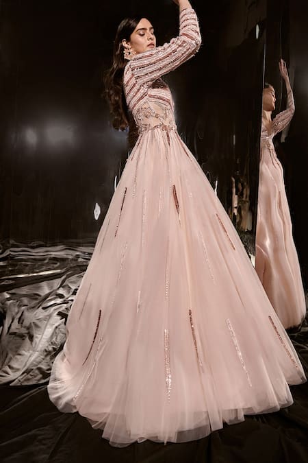 Shop Masumi Mewawalla Pink Net Sequins V-neck Bodice Embroidered Gown Online at Aza Fashions Shop_Masumi Mewawalla_Pink Net Sequins V-neck Bodice Embroidered Gown _Online_at_Aza_Fashions