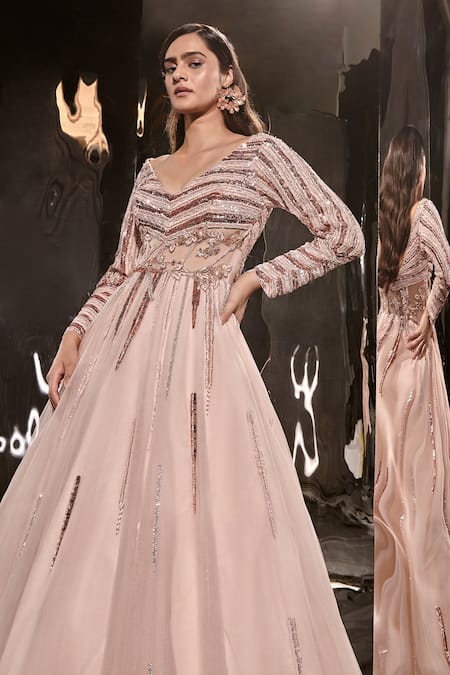 Masumi Mewawalla Pink Net Sequins V-neck Bodice Embroidered Gown Online at Aza Fashions Masumi Mewawalla_Pink Net Sequins V-neck Bodice Embroidered Gown _Online_at_Aza_Fashions
