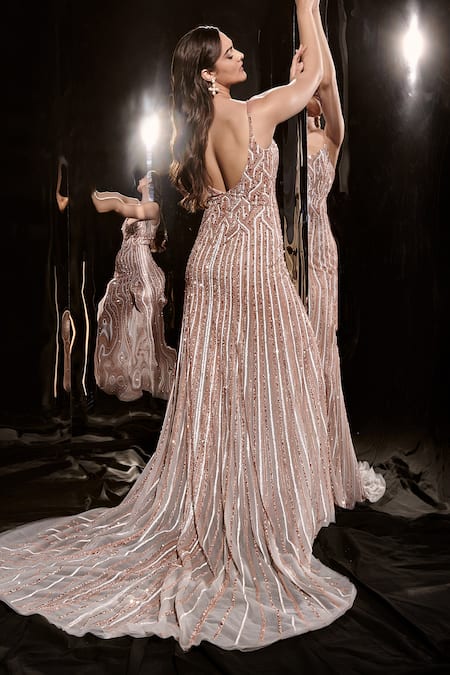Buy_Masumi Mewawalla_Silver Net Sequins Sweetheart Neck Embroidered Strappy Gown _Online_at_Aza_Fashions