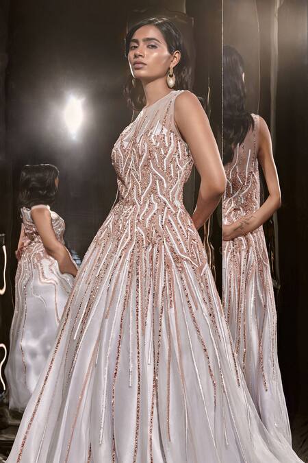 Masumi Mewawalla Blue Net, Linen Sequins Round Neck Cutdana And Embroidered Gown Online at Aza Fashions Masumi Mewawalla_Blue Net, Linen Sequins Round Neck Cutdana And Embroidered Gown _Online_at_Aza_Fashions