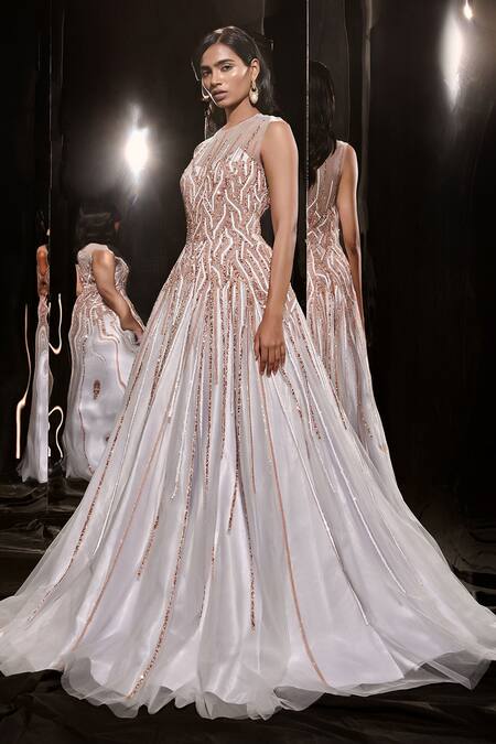 Buy Masumi Mewawalla Blue Net, Linen Sequins Round Neck Cutdana And Embroidered Gown Online at Aza Fashions Buy_Masumi Mewawalla_Blue Net, Linen Sequins Round Neck Cutdana And Embroidered Gown _Online_at_Aza_Fashions